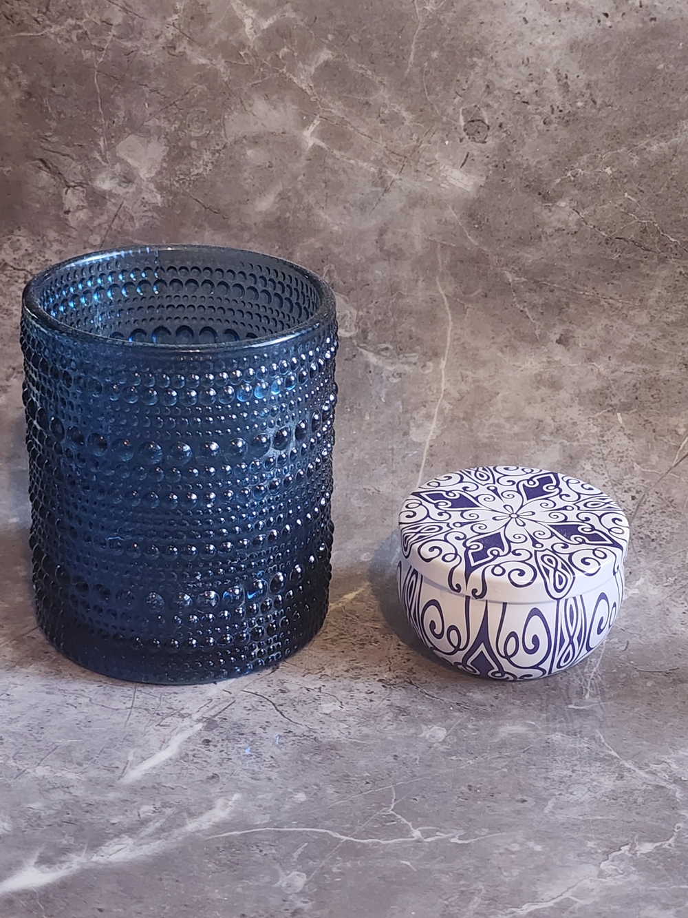 Blue Textured Glass & Patterned Candle Set